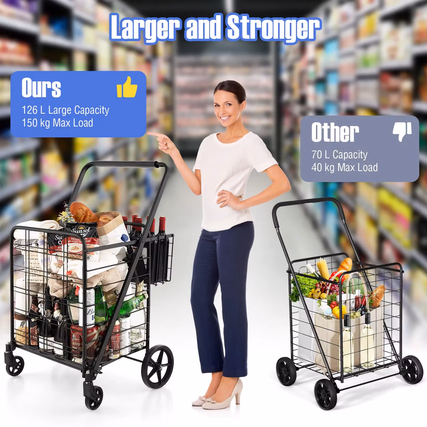 Gymax Folding Shopping Cart with 126L Waterproof Liner in Black – 4