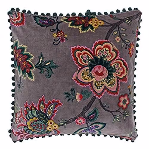 Riva Paoletti Palampur Purple Indian Floral Print Faux Velvet Cushion with Pink Pompom Edges, W/D/H: 50 x 50 x 50 cm