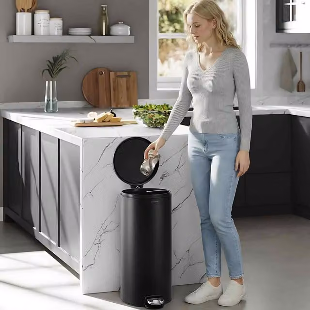 The Bazaarist Round Kitchen Pedal Bin with Soft Close Lid and Removable Inner Bucket, Black, H: 63.0 cm, W: 30.0 cm, D: 29.5 cm