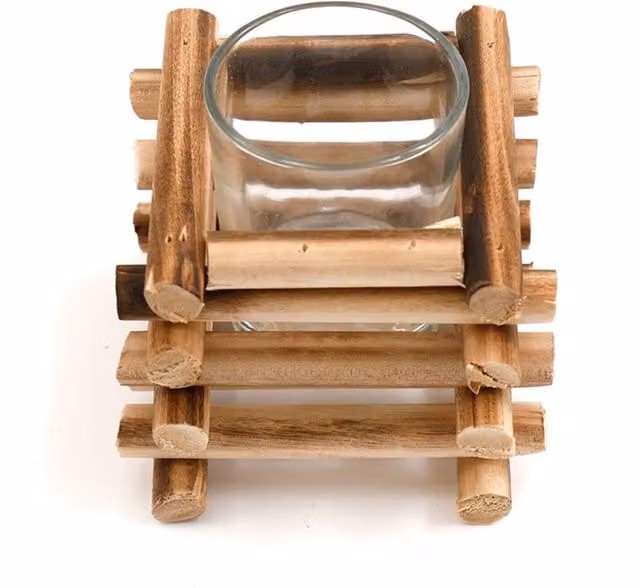 KDMK Brown Stacked Wood and Glass Tealight Holder
