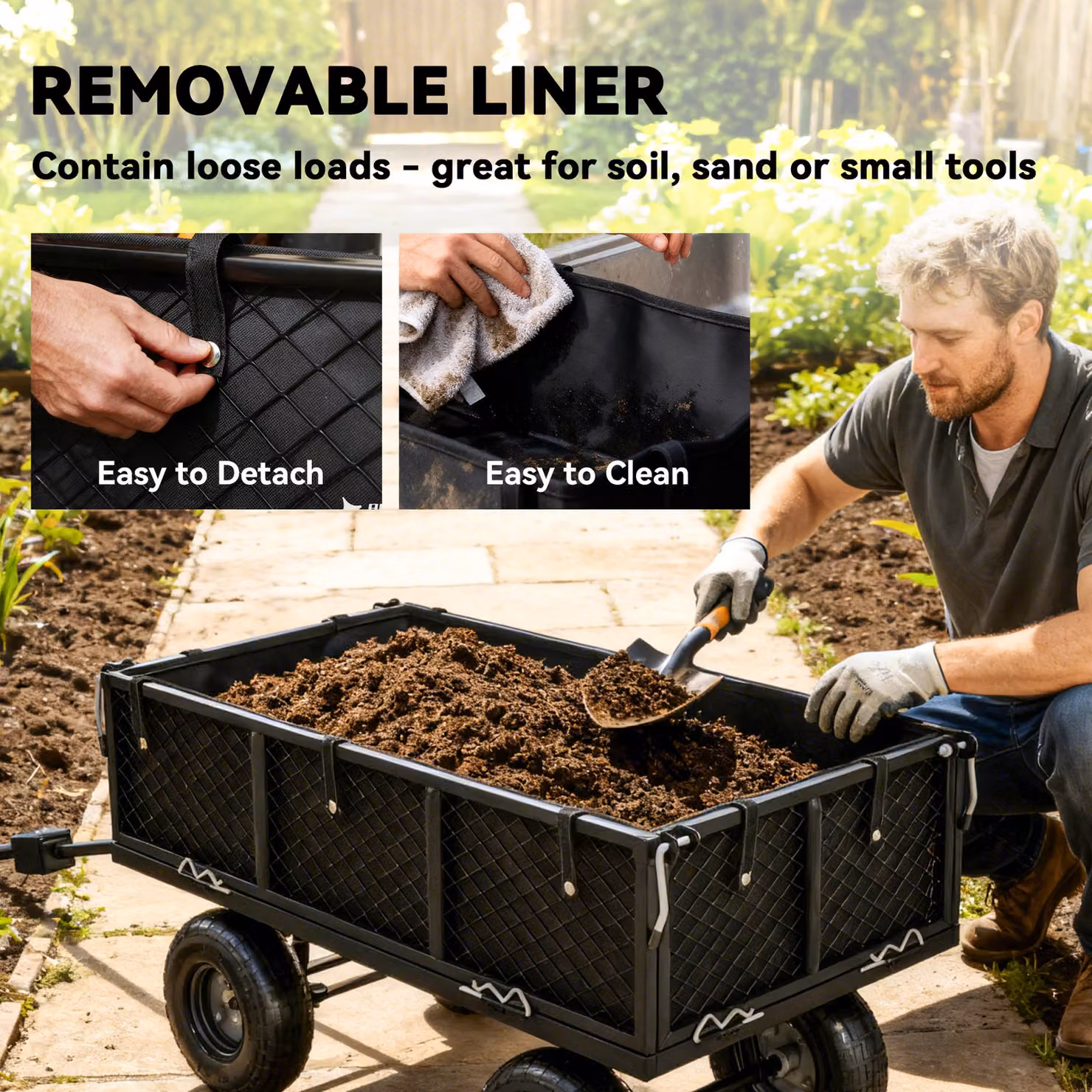 Outsunny 114L Steel Frame Garden Cart Trolley - Black – 5