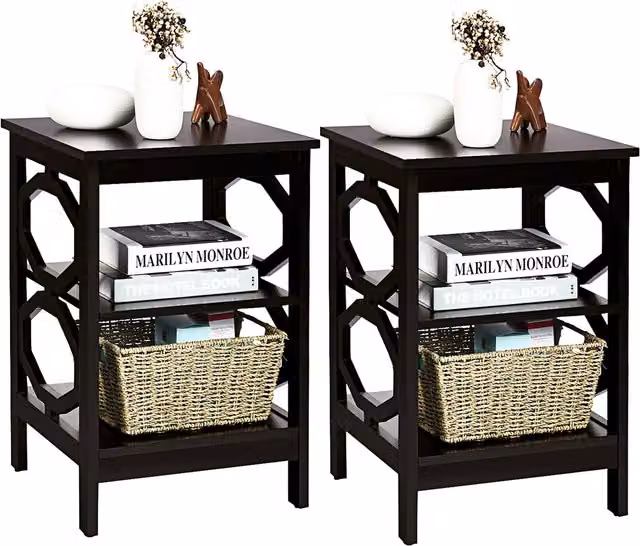 Costway Set of 2 Modern Brown Lacquered Wood Sofa Bedside and End Tables