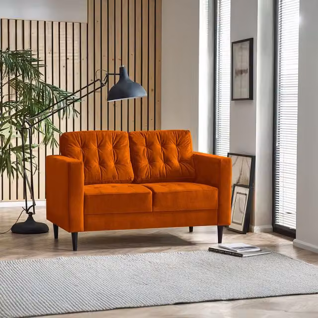 FurnitureboxUK Juno 2-Seater Velvet Sofa in Burnt Orange with Solid Wood Frame