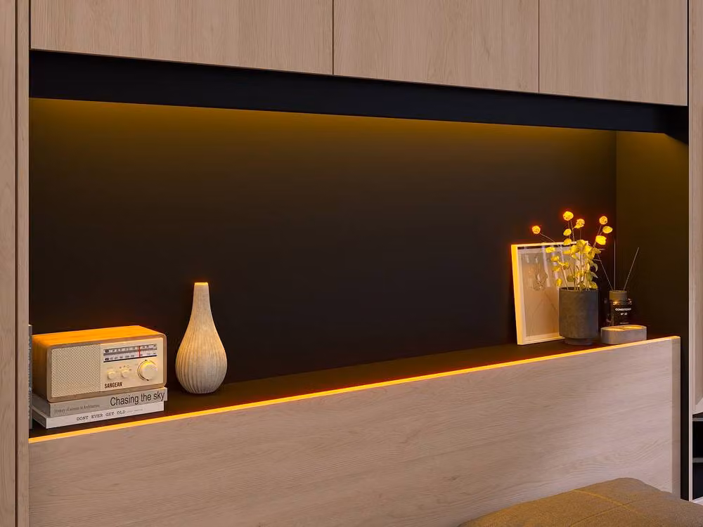 Vente-unique Double Bed Base with Overbed Storage Unit and LED Lighting in Black and Natural Wood Finish, W/D/H: 160 x 200 cm – 3
