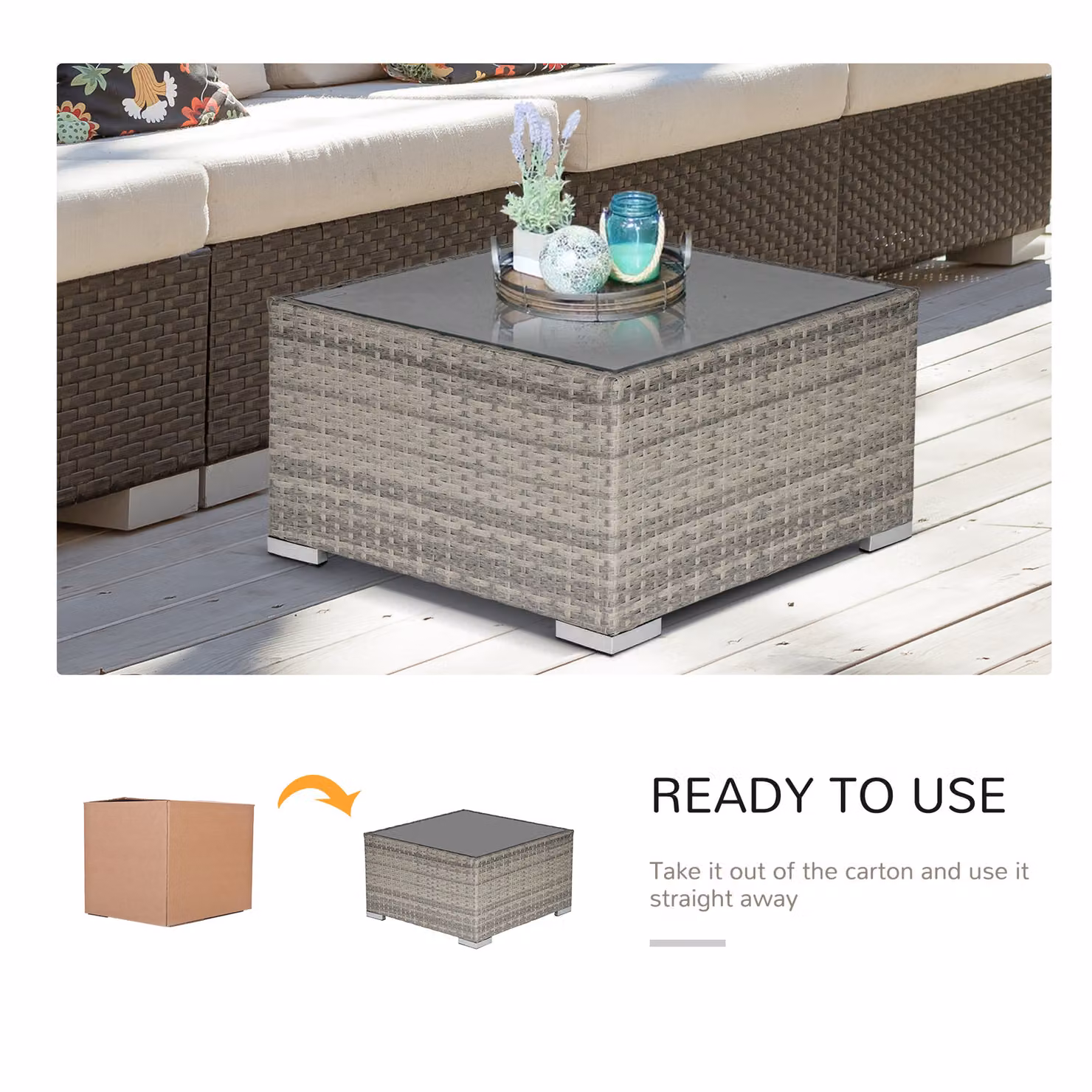 Outsunny Grey Rattan Wicker Square Patio Coffee Table with Glass Top – 3