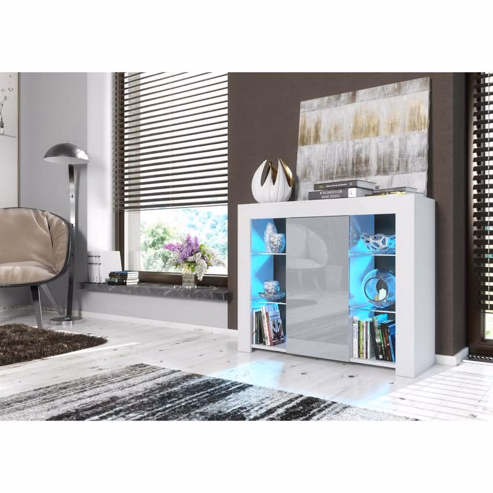 Mex Furniture LTD Harbor Sideboard with Integrated LED Lighting, White and Grey Gloss Finish, W: 97 cm, H: 83 cm, D: 35 cm – 2