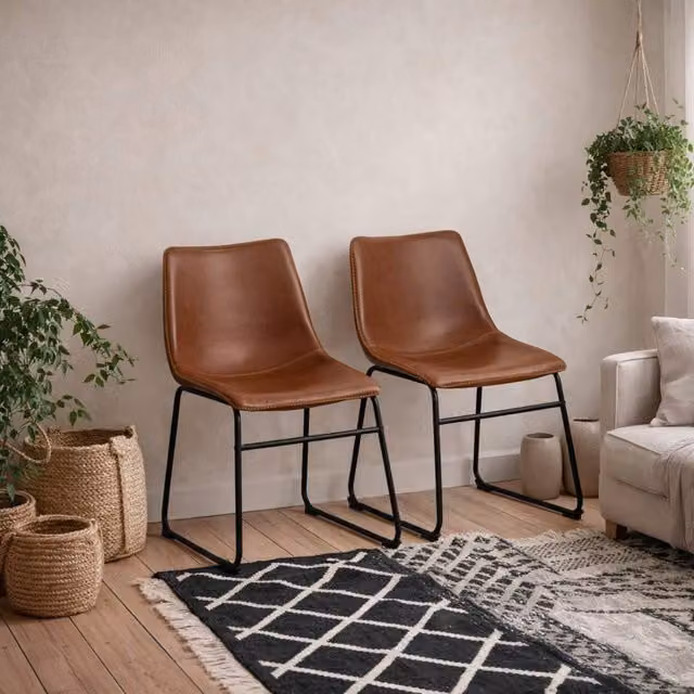 Wyld Haus Set of 2 Bogense Dining Chairs in Tan Faux Leather with Black Metal Cantilever Base