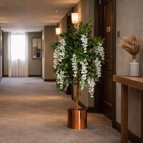 Leaf Design UK Luxury Artificial Wisteria Tree with White Flowers and Green Leaves, Height: 130 cm – 2