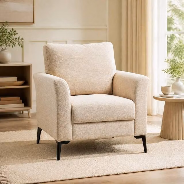 STILVORA Modern Armchair with Tall Back in Beige Fabric and Solid Wood Frame – 1
