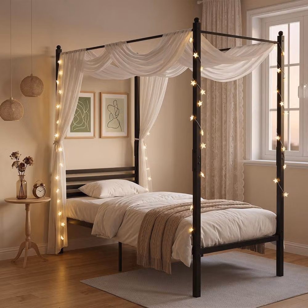 Costway Single Size Metal Canopy Bed Frame with Headboard in Black, W/D/H: 140 x 200 cm – 5