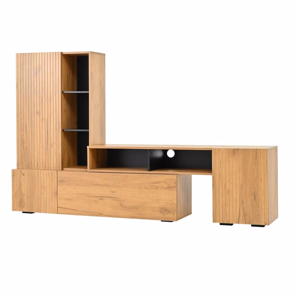 Merax Modular TV Wall Unit Set with Lowboard, Wall Cabinet and Open Shelving in Black and Brown – 2
