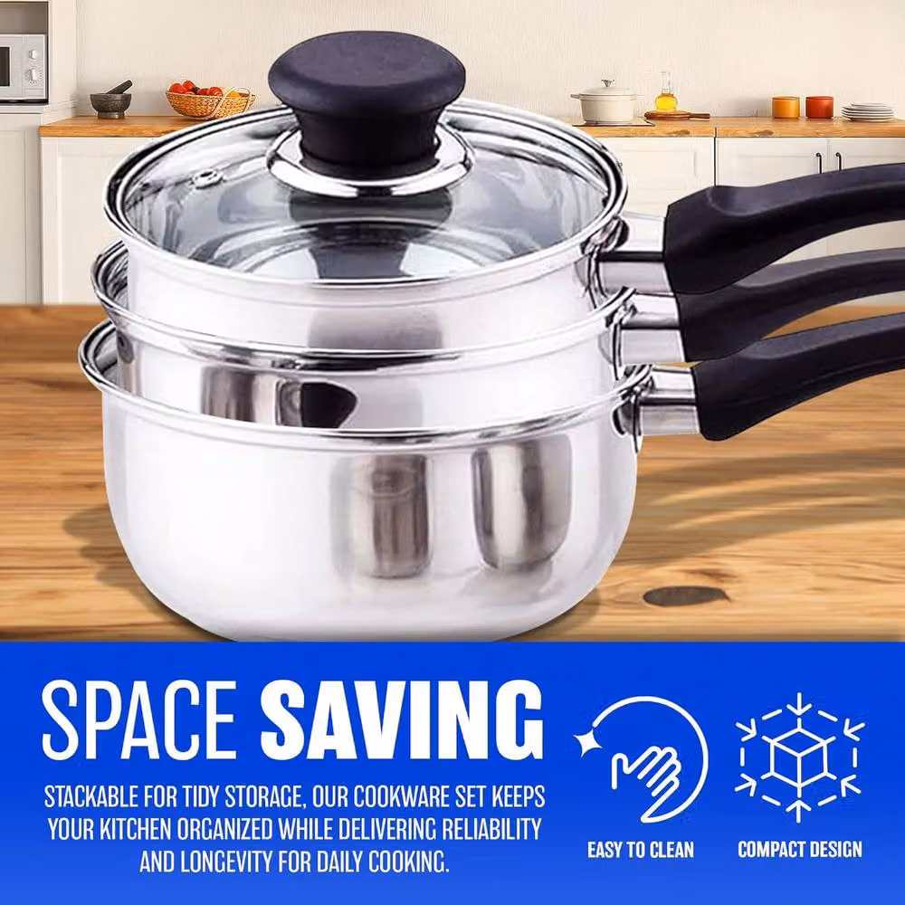 BARGAINS-GALORE Prima 3-Piece Stainless Steel Cookware Set with Saucepan, Pots and Lids in Metallic Silver – 3