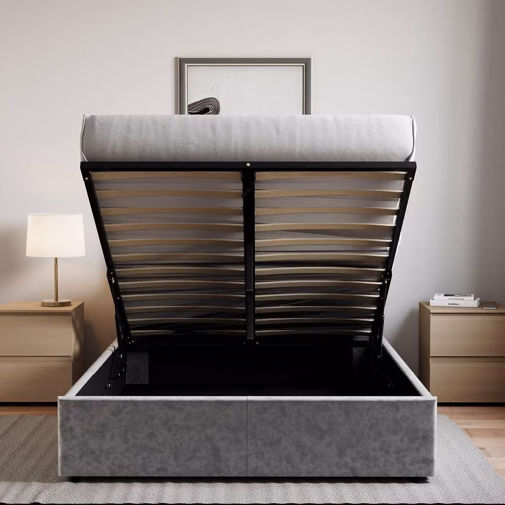 HD Designs Veronica King Size Ottoman Bed in Silver Velvet Fabric, W/D/H: 180 x 200 cm – 3