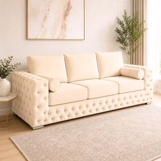 Stratus Interiors Ashley Luxury Chesterfield 3 Seater Fabric Upholstered Sofa in Beige – 1