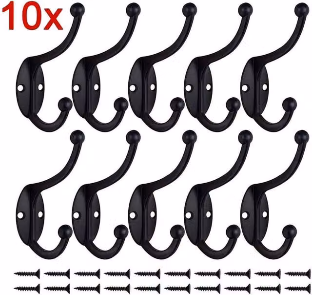 Kelvenix 10-Piece Double Hat and Coat Hooks with 20 Screws in Polished Black Metal – 1
