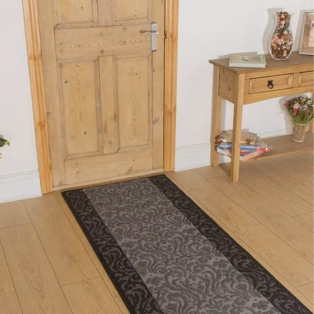 runrug Baroque Hallway Carpet Runner Rug in Black, W: 60 cm, L: 420 cm