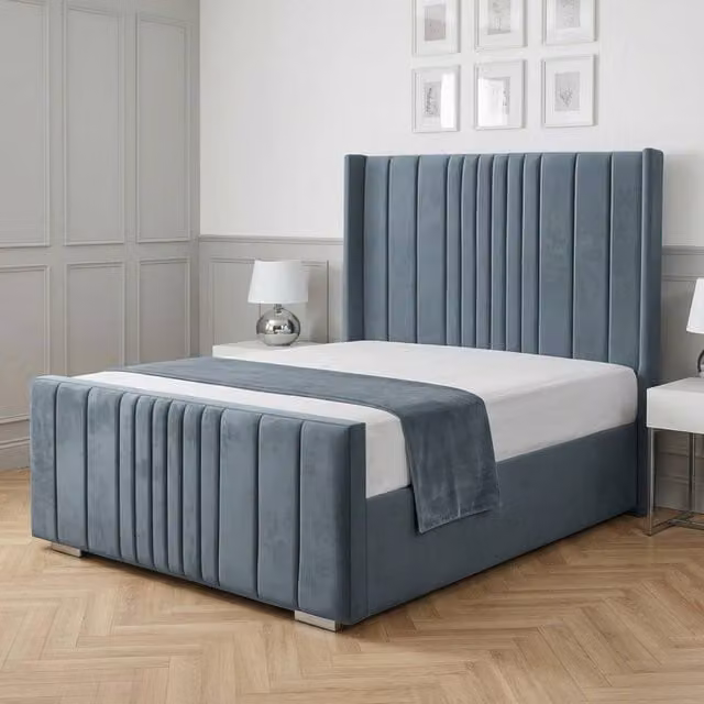 Living Comfort Bedz Cambridge Wingback Ottoman Gas Lift Storage Bed in Light Blue Velvet, Super King Size