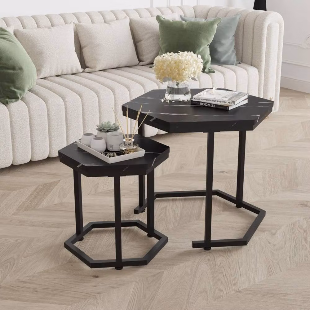 VOGREX Nesting Set of 2 Tables with Black Marble Effect MDF Tops and Metal Frame – 2