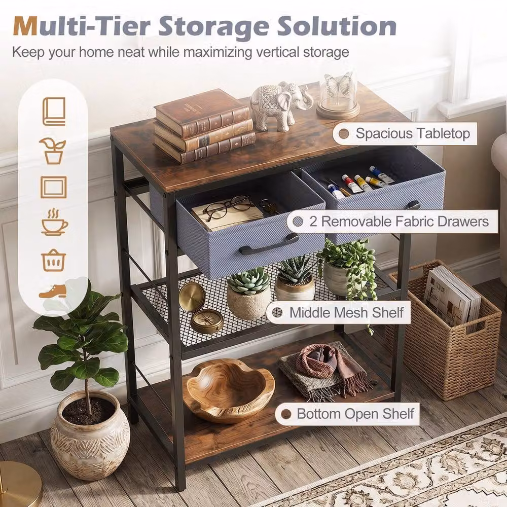 VOGREX Narrow 3-Tier Industrial Console Table with 2 Fabric Drawers in Brown – 5