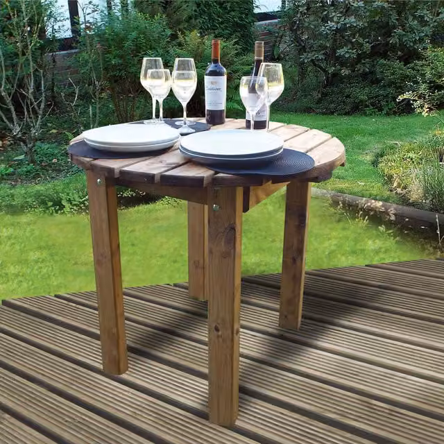 Charles Taylor Circular BBQ Garden Table in Brown and Orange Treated Hardwood with Rotating Top