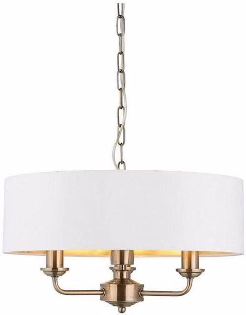 Netlighting Highclere Single Shade Pendant Ceiling Lamp with Antique Brass Plate and Vintage White Fabric