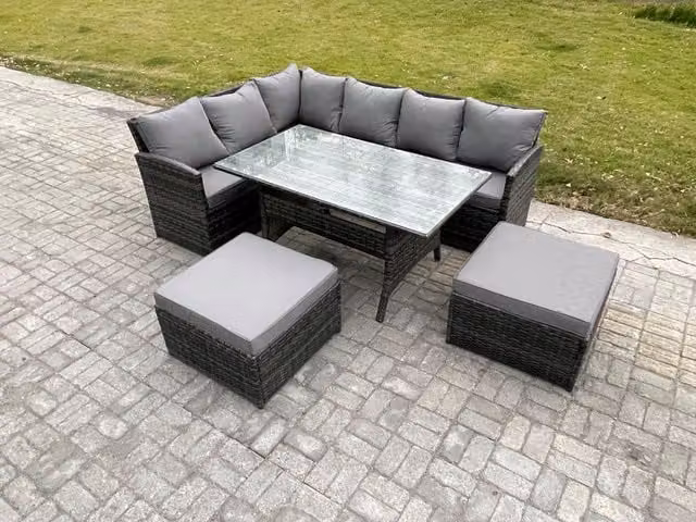 Fimous 8 Seater Outdoor Rattan Garden Furniture Set with Rectangular Dining Table and 2 Footstools in Dark Grey