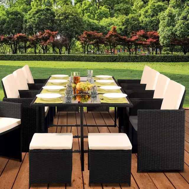 Comfy Living 13 Piece Modern Cube Rattan Garden Furniture Set with Cover in Dark Grey