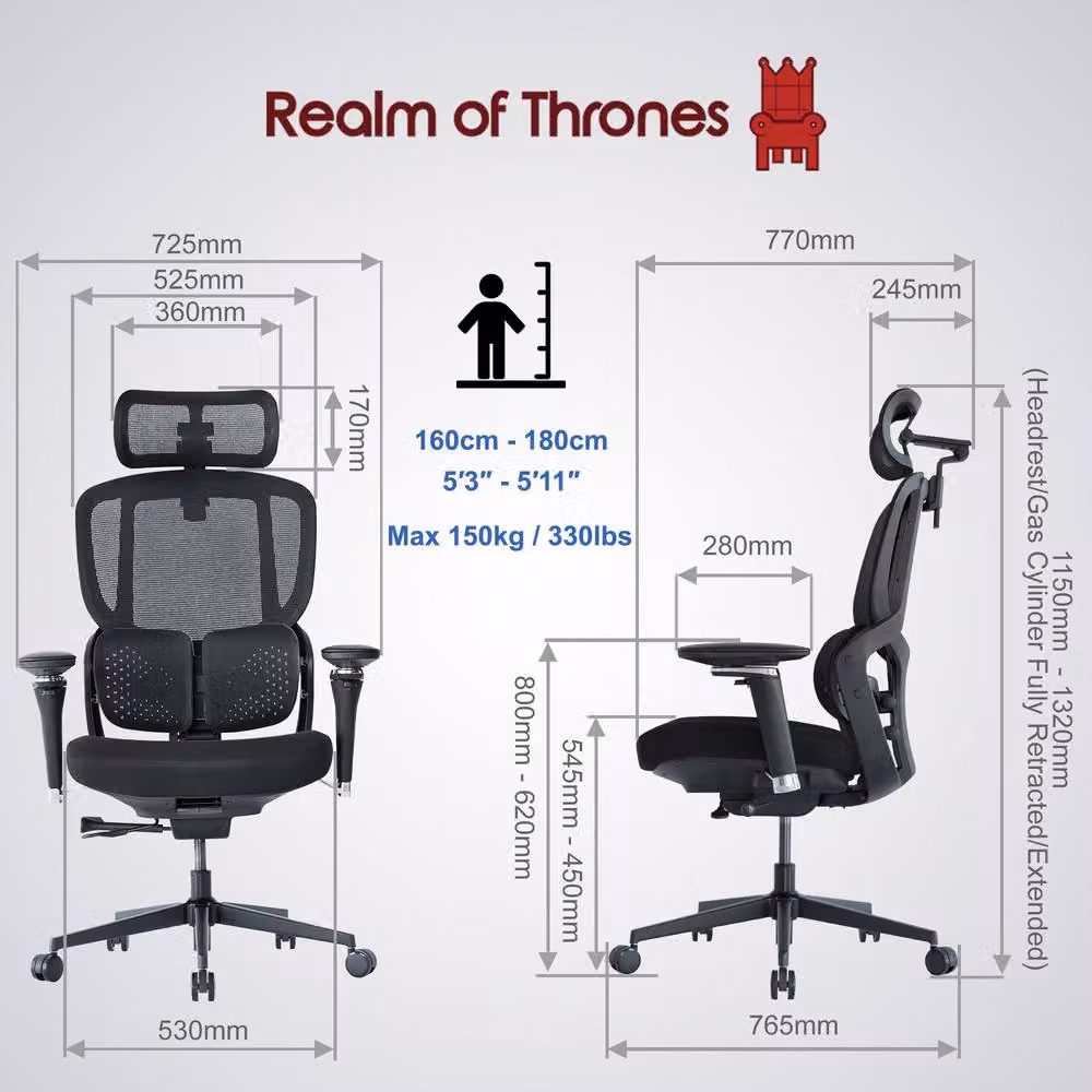 Realm of Thrones Ergonomic Black Mesh and Fabric Office Chair with Headrest and 4D Armrests – 4