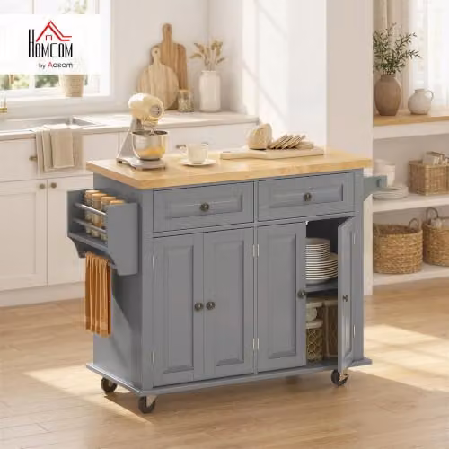 HOMCOM Grey Kitchen Island on Wheels with Rubberwood Top and Spice Rack, W/D/H: 111.0 x 44.5 x 82.5 cm – 2