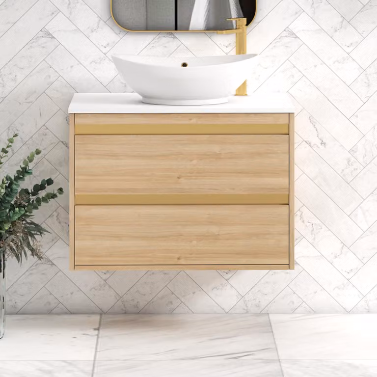 Royal Bathrooms Orion 800mm Natural Oak Wall Hung Vanity Unit with Plain White Countertop, Amaze Basin and Brushed Brass Accent Trim