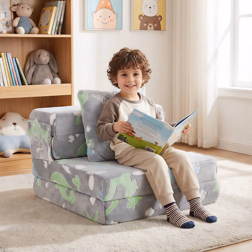 Costway Glow In the Dark 3-in-1 Fold Out Kids Sofa Bed with Zippered Covers, Grey – 3