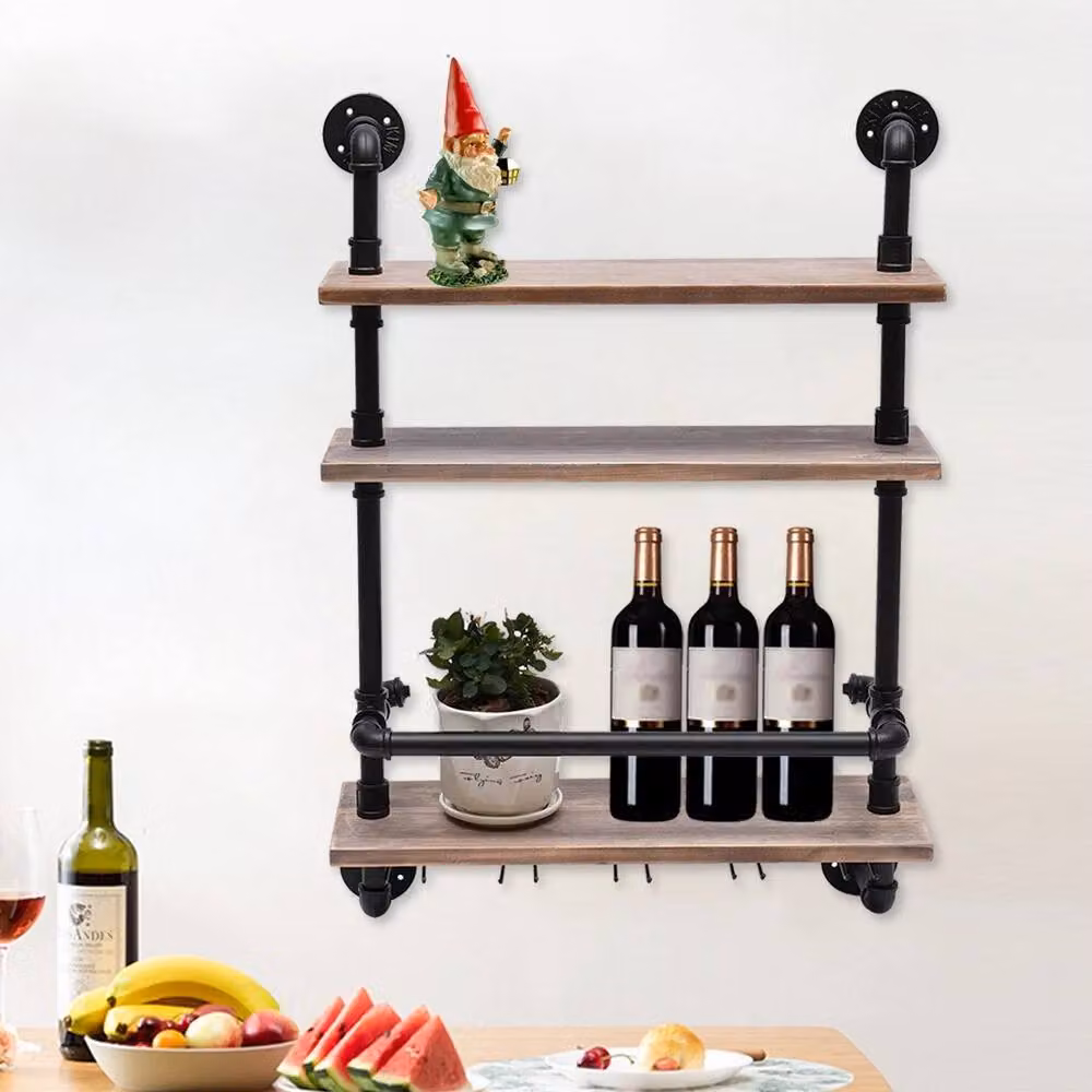 Havendro Industrial Wall Mounted Pipe Shelf Wine Rack with Lacquered Pine Wood and Glass Bottle Holder in Brown and Multicolour – 2