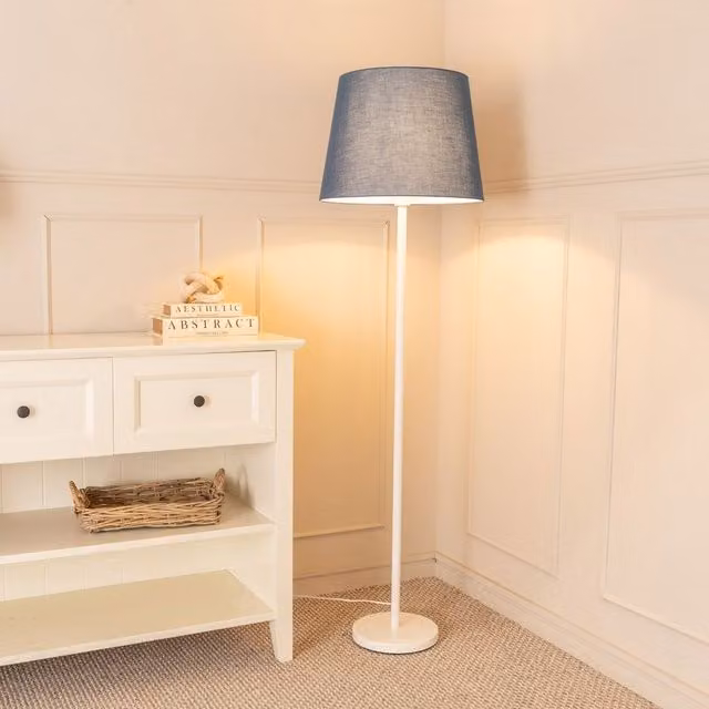 ValueLights Charlie White Single Stem Floor Lamp with Grey Fabric Tapered Shade and LED Bulb – 1