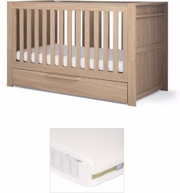 Mamas & Papas Franklin Cotbed and Premium Pocket Spring Mattress Bundle in Natural Oak