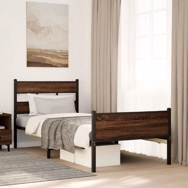 Berkfield Home Single Bed Frame in Brown Oak, W/D/H: 90 x 190 cm – 1