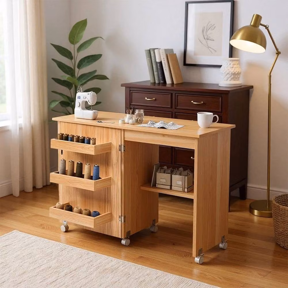 KORVIXA Walnut Folding Sewing Table and Multipurpose Craft Station Cabinet Desk in Light Oak, Brown, W/D/H: 100 x 100 x 100 cm – 3