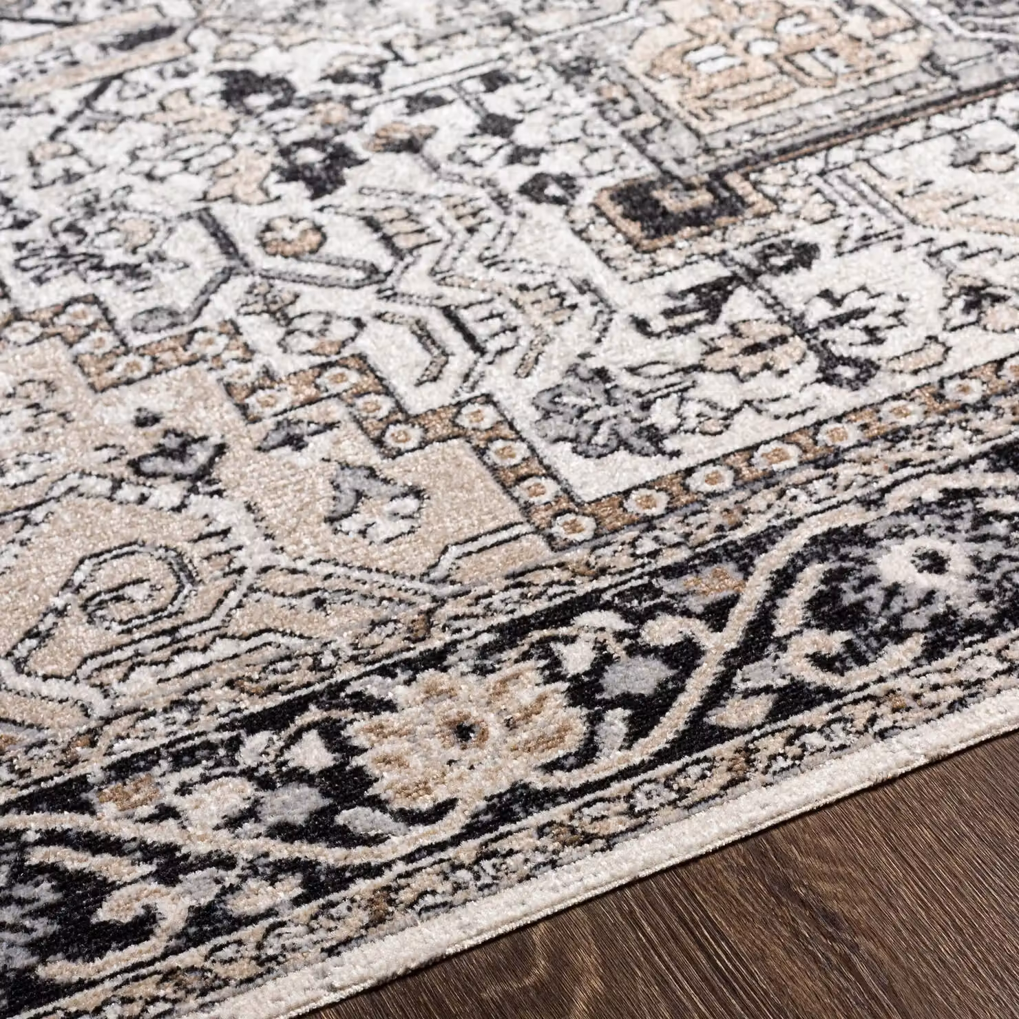Livabliss Round Vintage Boho Living Room Rug in Black, Beige and Grey, Diameter: 200 cm – 3