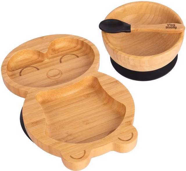 Tiny Dining 3-Piece Penguin Bamboo and Silicone Suction Feeding Set in Black and Brown