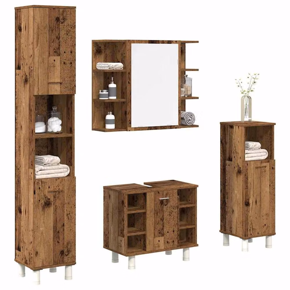 Berkfield Home 4 Piece Rustic Brown Bathroom Furniture Set including Mirror Cabinet, Wall Cabinet, Tall Cabinet and Vanity Unit – 2