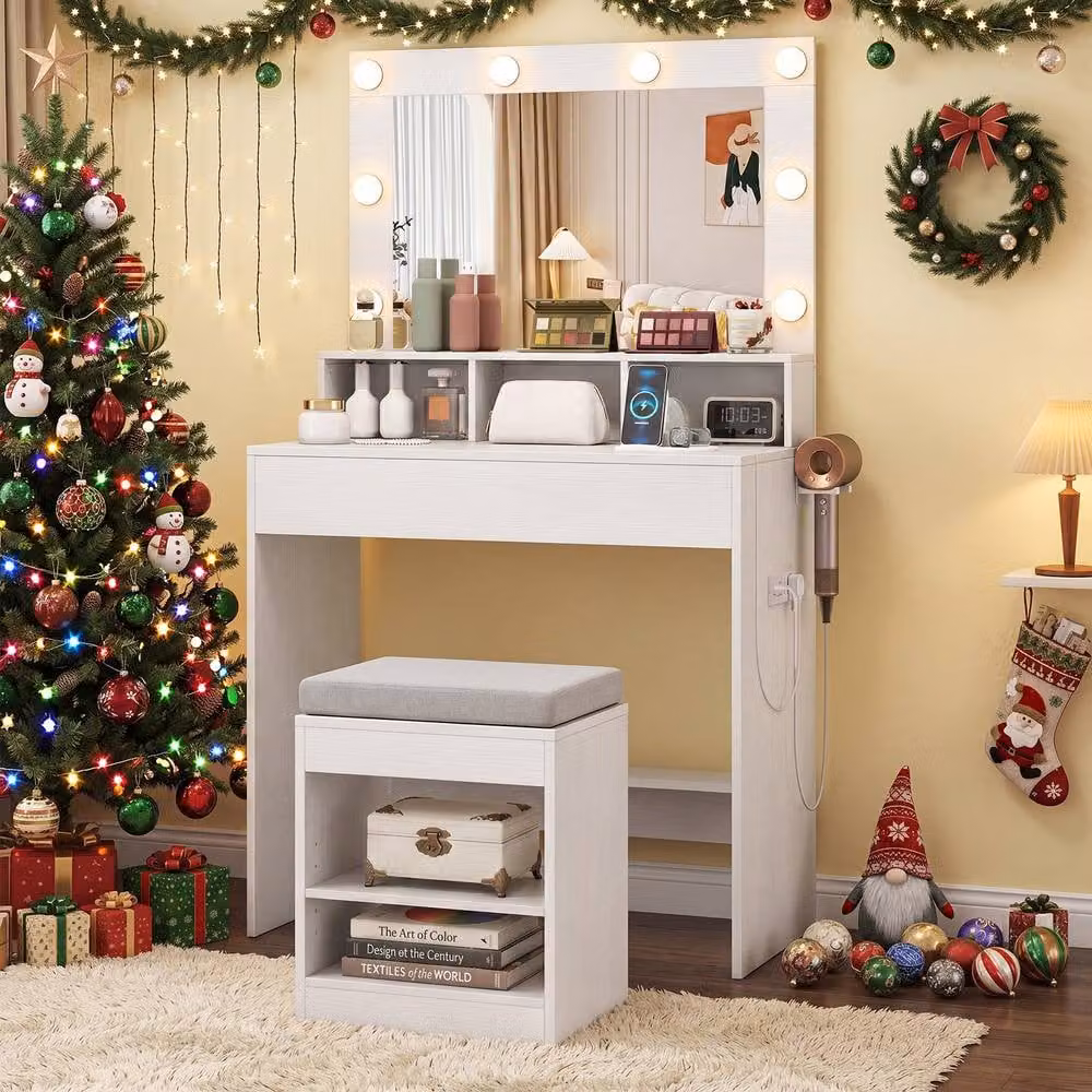 Costway Makeup Vanity Desk Set with Hollywood LED Mirror, Stool and Drawer in White – 3