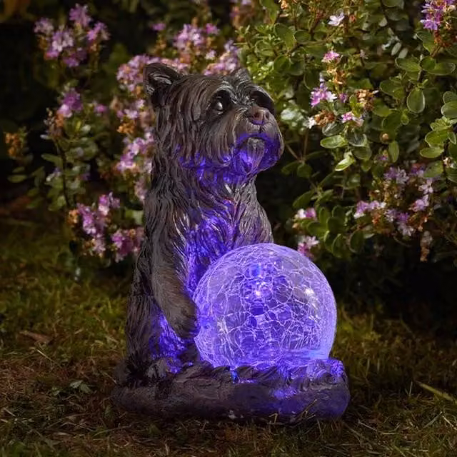 Garden Mile Solar Dog with Crackle Ball Ornament Light in Brown and Grey