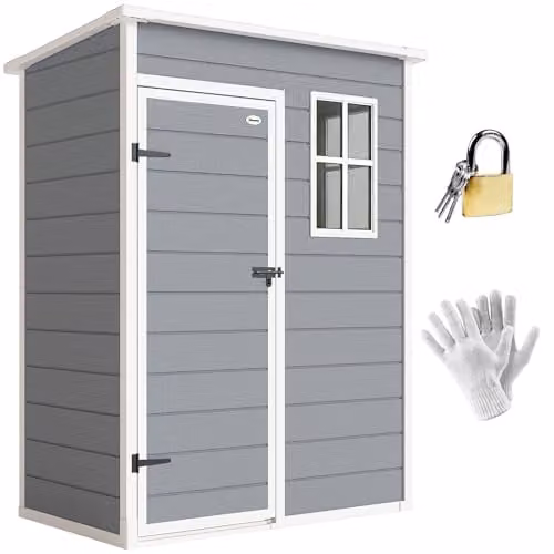 Outsunny Grey Plastic Pent Garden Shed with Floor, Window, Side Vent and Lockable Single Door – 1