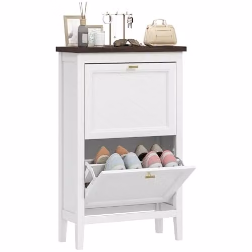 HOMCOM Modern White Shoe Cabinet with Tilting Compartments and Internal Shelves