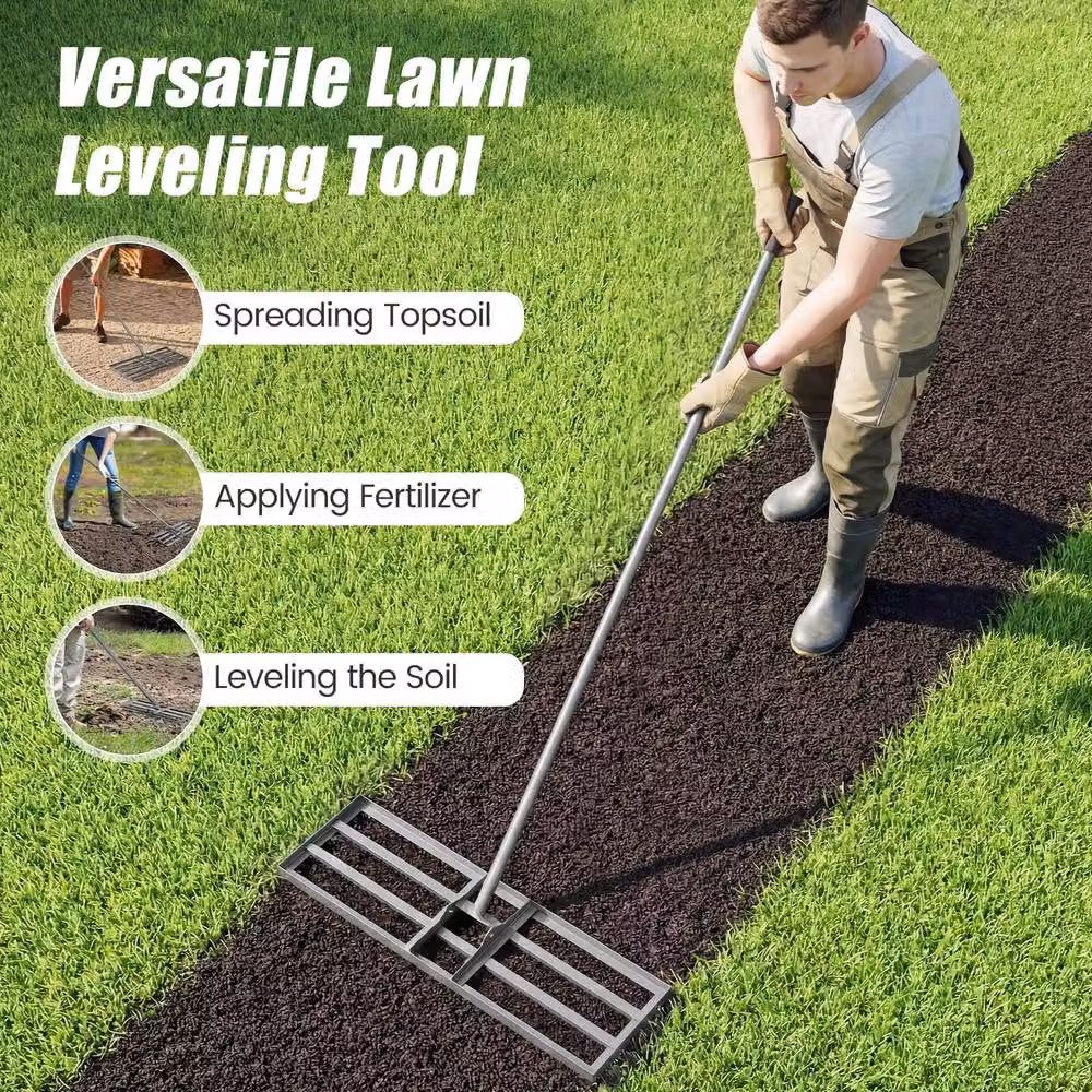 Costway Heavy-Duty Metal Lawn Leveling Rake with Adjustable Handle in Silver – 6