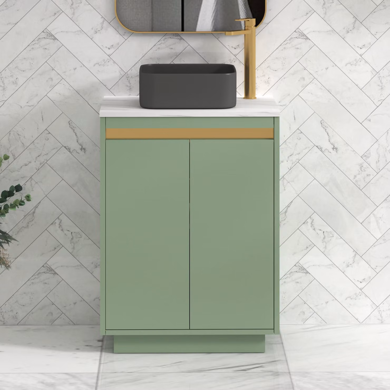 Royal Bathrooms Orion 600mm Mint Sage Floor Standing Countertop Vanity Unit with Art Square Basin and Brushed Brass Accent Trim