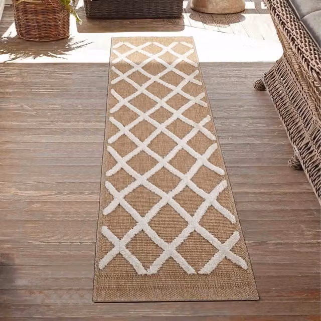 Rugs by Desire Harper Aztec Pattern Water Resistant Indoor Outdoor Garden Runner, Beige and White, W: 60 cm, L: 220 cm