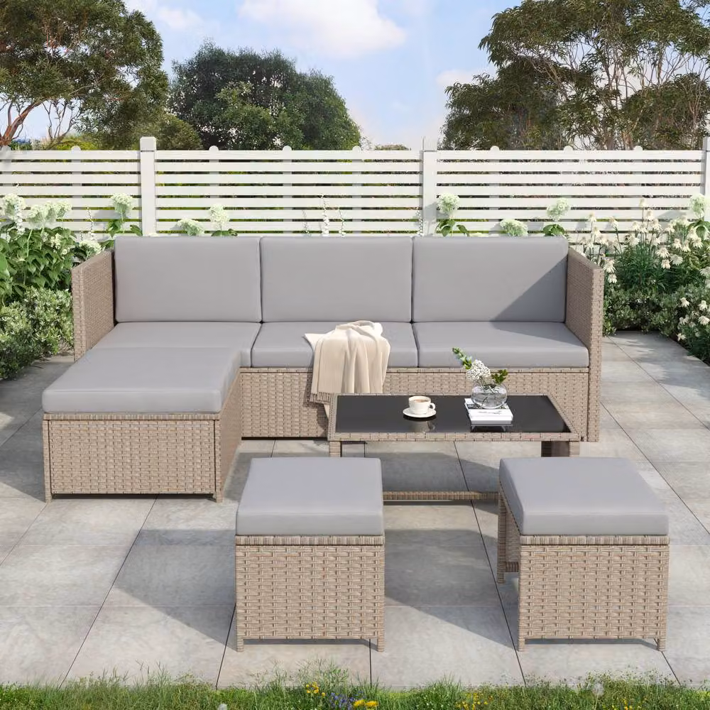 SONARA 4-6 Seater Rattan Garden Furniture Set with Table and Stool in Light Grey – 2
