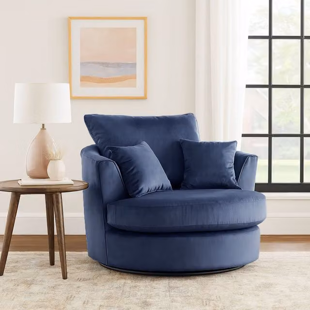 Furnishings For Less UK Victoria Blue Soft Plush Velvet Fabric 360 Degree Swivel Single Seater Chair – 1
