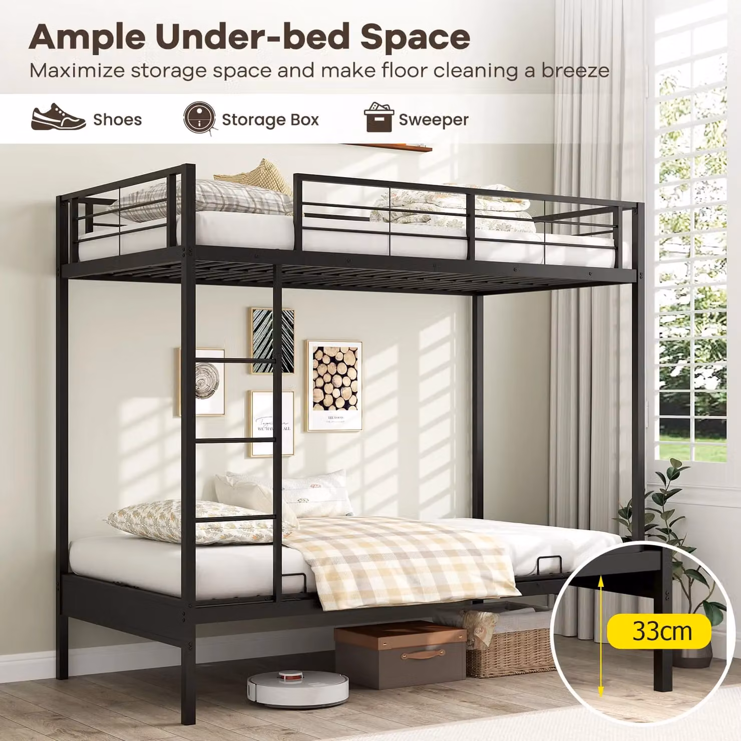 Gymax Single Over Futon Bunk Bed with Ladder and Bedside Shelf, Black – 4