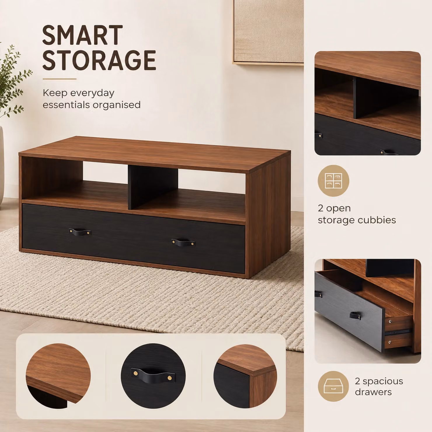 Teamson Home Mid Century Rectangular Coffee Table with Drawers and Open Storage Shelves in Brown Walnut – 4